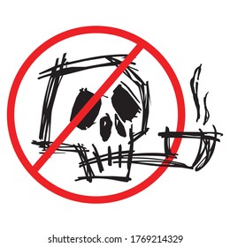Vector image of a sign prohibiting smoking, i.e. smoking a pipe of a skull on a white background.