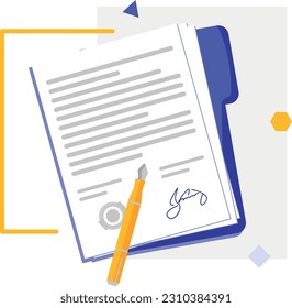 vector image of a signed contract in a purple folder with a yellow handle