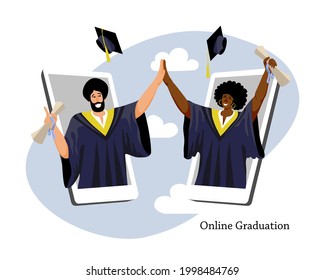 Vector image of Sikh boy and African girl celebrating graduation online. Concept of virtual remote graduating ceremony. People of color in higher education system. Graduates of college, university.