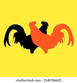 a vector image of the silhouette of 2 black and red chickens facing each other