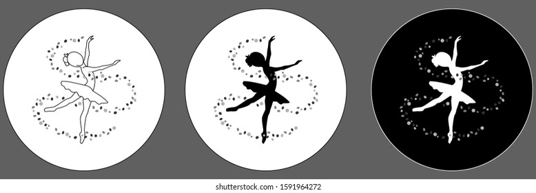 Vector image. Silhouette of a ballerina. Dancing girl surrounded by confetti. Graphic black and white image.