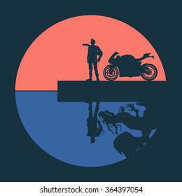 Vector image silhouette of biker standing on the pier and his motorcycle against the sea in a circle, a reflection in the water knight and dragon