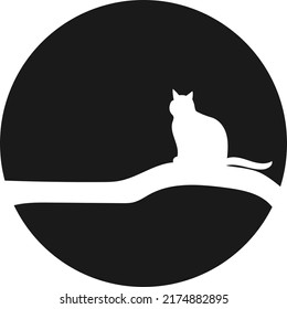 Vector image of the silhouette of a black cat on a branch with the moon in the background.