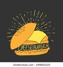 Vector image of a silhouette of a cheeseburger on a dark background. Suitable for logo, poster.