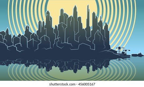 Vector image of the silhouette of the city metropolis. Reflection in the river bay views. In the port the ship pier Background for comics and videos, storyboards
