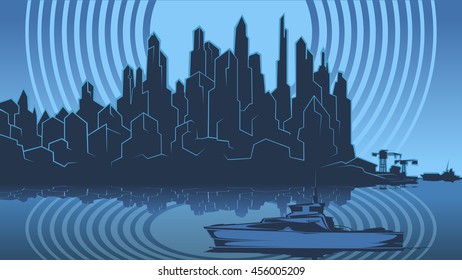 Vector image of the silhouette of the city metropolis. Reflection in the river bay views. In the port the ship pier. Background for comics and videos, storyboards
