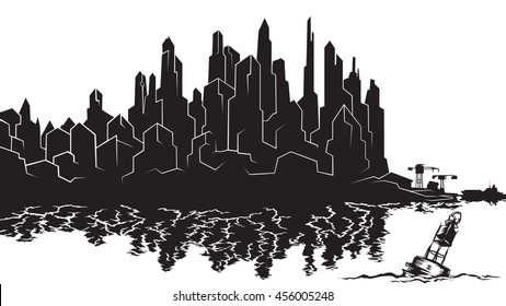 Vector image of the silhouette of the city metropolis. Reflection in the river bay views. In the port the ship pier. Background for comics and videos, storyboards
