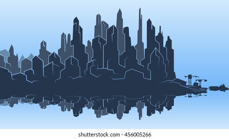 Vector image of the silhouette of the city metropolis. Reflection in the river bay views. In the port the ship pier. Background for comics and videos, storyboards
