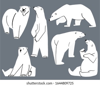 vector image of a silhouette of different polar bear poses, a set of bears