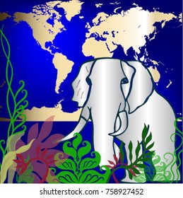 vector image, silhouette of an elephant on a world map