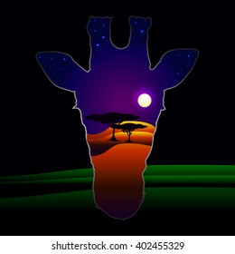 Vector image of a silhouette of a giraffe's head in which the African landscape with trees in the desert Image is a green and black background.