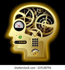 Vector image of silhouette of a human mechanical gold head half face with brain gears and other equipment. Business concepts. Concept of human thinking 