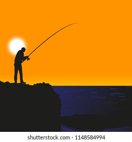 vector image of Silhouette of man fishing during sunset