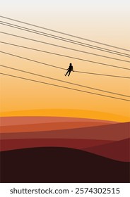 Vector image of a silhouette of a man sitting on a power line cable with a sunset background in the desert