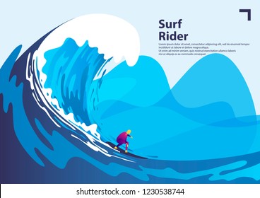 Vector image silhouette of a man, surfer on a Board, riding a big sea wave