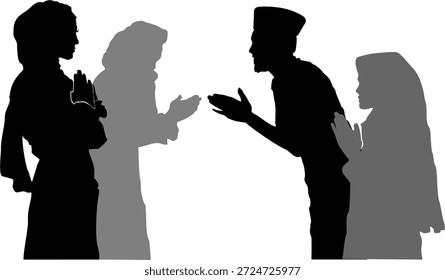 Vector Imagen de una silueta de un hombre y tres mujeres estrechando la mano sobre un fondo blanco