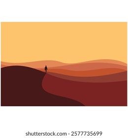 Vector image of a silhouette of a man walking in the desert at sunset