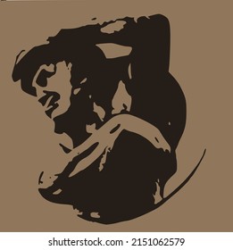 Vector image of a silhouette of a man's upper body looking away with his hand on his forehead, very vintage style. 2 colors of brown.