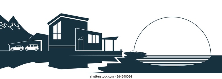Vector image silhouette of modern residential building on a background of nature and the sea