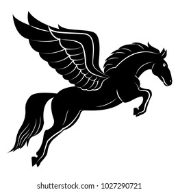 Vector image of a silhouette of a mythical creature of pegasus on a white background. Horse with wings on hind legs.