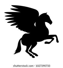 Vector image of a silhouette of a mythical creature of pegasus on a white background. Horse with wings on hind legs.