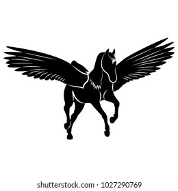 Vector image of a silhouette of a mythical creature of pegasus on a white background. Horse with wings on hind legs.