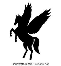 Vector image of a silhouette of a mythical creature of pegasus on a white background. Horse with wings on hind legs.