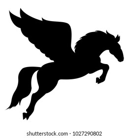 Vector image of a silhouette of a mythical creature of pegasus on a white background. Horse with wings on hind legs.