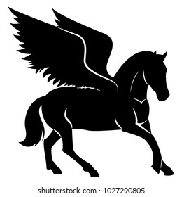 Vector image of a silhouette of a mythical creature of pegasus on a white background. Horse with wings on hind legs.