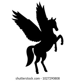 Vector image of a silhouette of a mythical creature of pegasus on a white background. Horse with wings on hind legs.