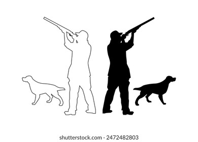 Vector image of the silhouette and outline of a hunter with a dog on a white background.