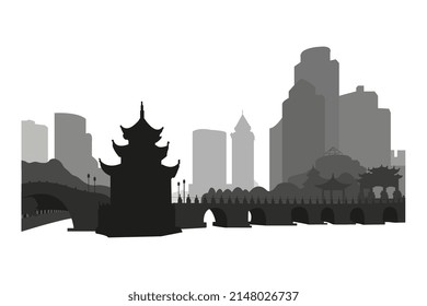 Vector image of the silhouette of a pagoda against the background of a bridge and high-rise buildings. Background, website, flyer, poster, postcard.