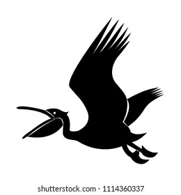 Vector image of silhouette of a pelican flying with an open beak