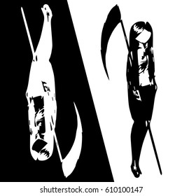 Vector image of a silhouette  reaper girl in a black and white