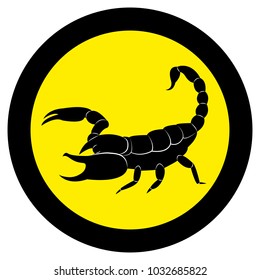 Vector image of a silhouette of a scorpion on a yellow background.