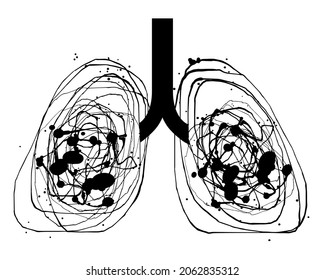 vector image silhouette of sick human lungs made of splashes of paint and doodle. infected lungs, smoker's lungs, respiratory diseases, covid-19, lung damage, cancer, oncology, tuberculosis, pneumonia