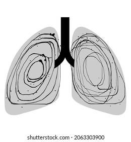 silueta de imagen vectorial de pulmones humanos enfermos hechos de salpicaduras de pintura y doodle. pulmones infectados, pulmones de fumadores, enfermedades respiratorias, covid-19, lesión pulmonar, cáncer, oncología, tuberculosis, neumonía