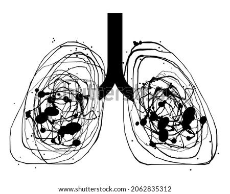 vector image silhouette of sick human lungs made of splashes of paint and doodle. infected lungs, smoker's lungs, respiratory diseases, covid-19, lung damage, cancer, oncology, tuberculosis, pneumonia