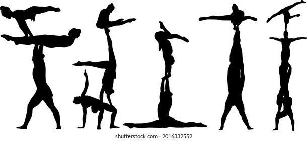 vector image of silhouette of sports acrobats, gymnasts in the pyramids