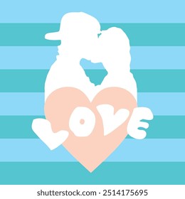 Vector image of silhouette of two teenagers kissing with love symbol