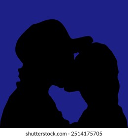 Vector image of silhouette of two teenagers kissing with love symbol