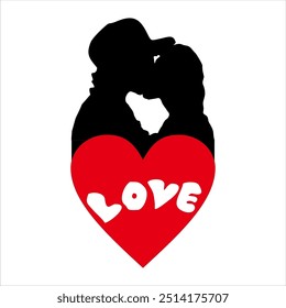 Vector image of silhouette of two teenagers kissing with love symbol
