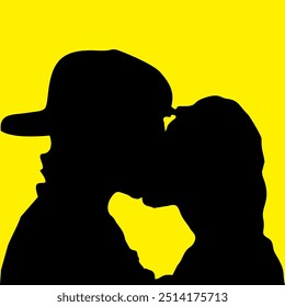 Vector image of silhouette of two teenagers kissing with love symbol