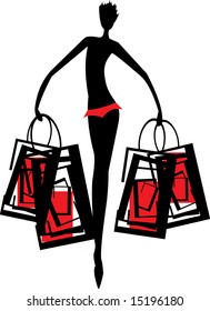 vector image of silhouette of woman with handbag after shopping isolated on white