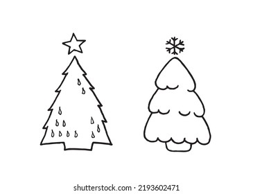 vector image of silhouettes of Christmas trees, acute-angled with a star and rounded with a snowflake, postcard, pattern, coloring, embossing, tag, sticker