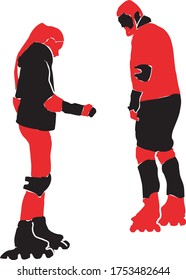 Vector image of silhouettes of father with his daughter roller skates