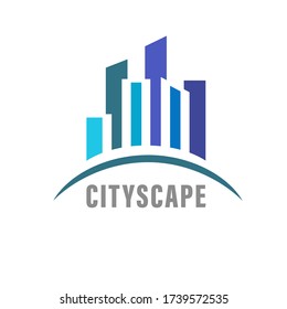Vector image of silhouettes of high-rise buildings and structures, skyscrapers, shopping, entertainment and financial business centers in blue tones. Real estate agency logo template.