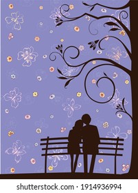 Vector image of silhouettes of loving couple on a park bench on romantic date