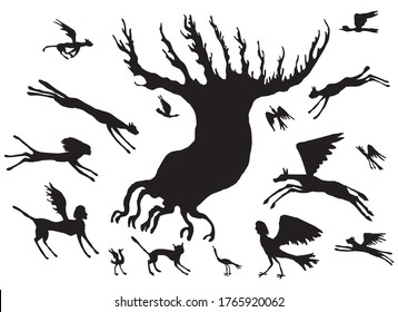 Vector image of silhouettes of magic tree and fantastic creatures