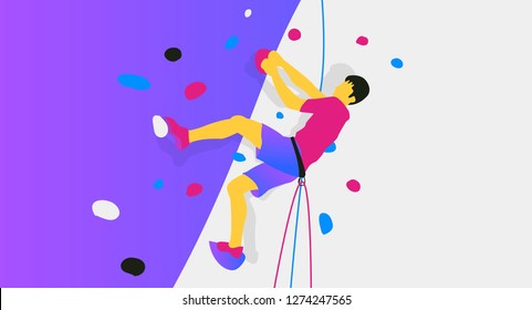 Vector image of silhouettes of a man climbing a steep slope on a climbing wall with insurance